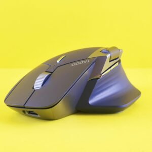 Modern ergonomic wireless mouse displayed on a vibrant yellow backdrop, showcasing sleek design.