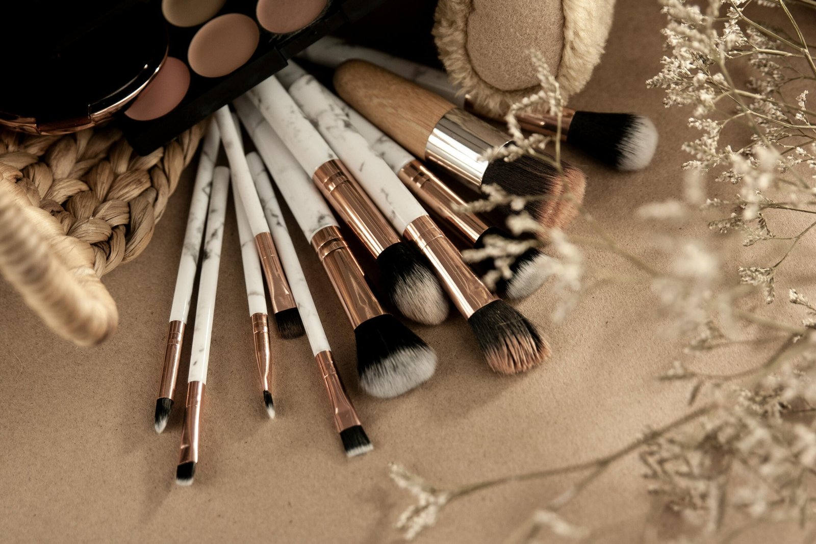 From above of makeup brushes with eyeshadows on beige background with branches of dried plants